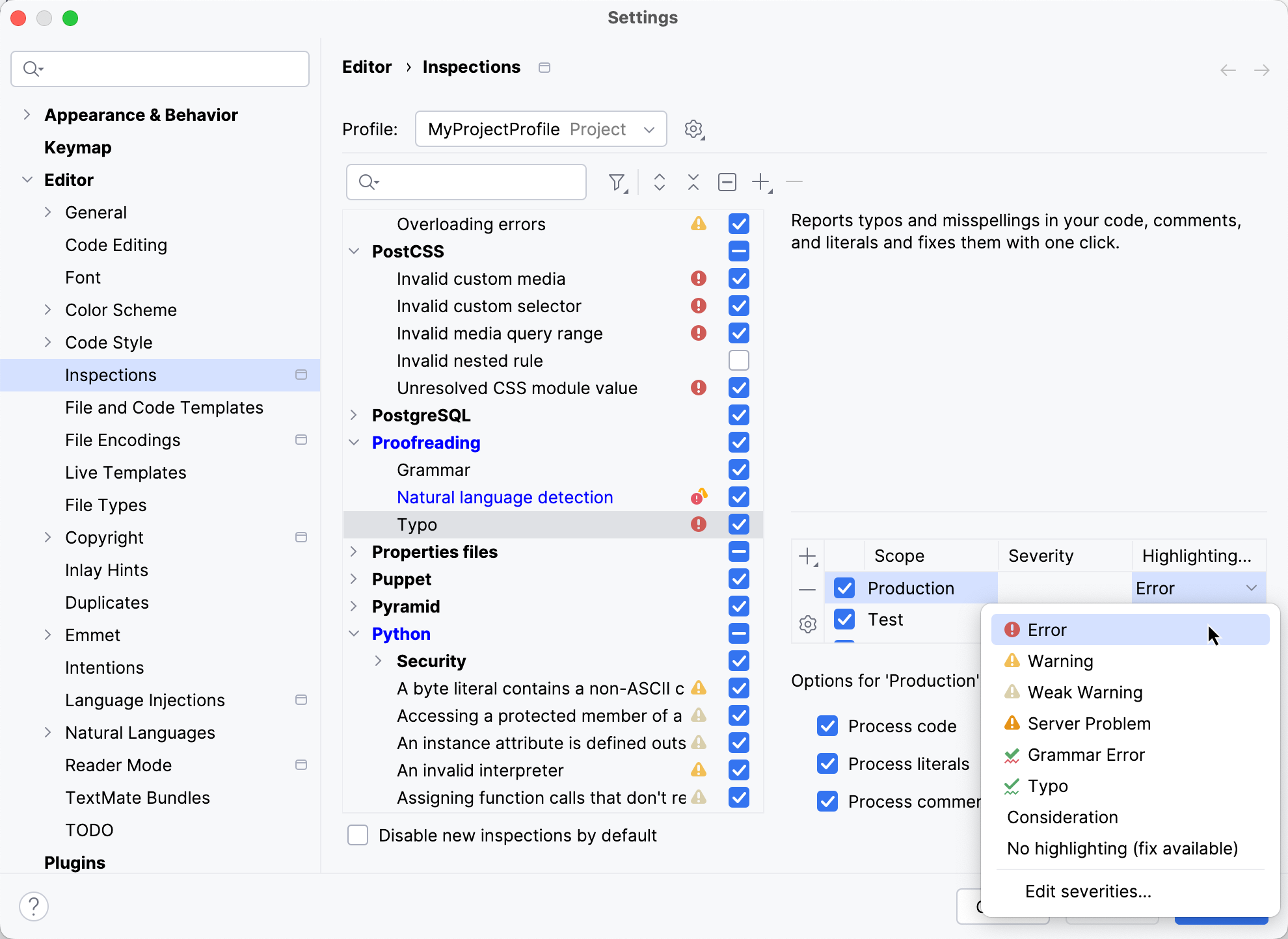 Change inspection severity Change inspection severity