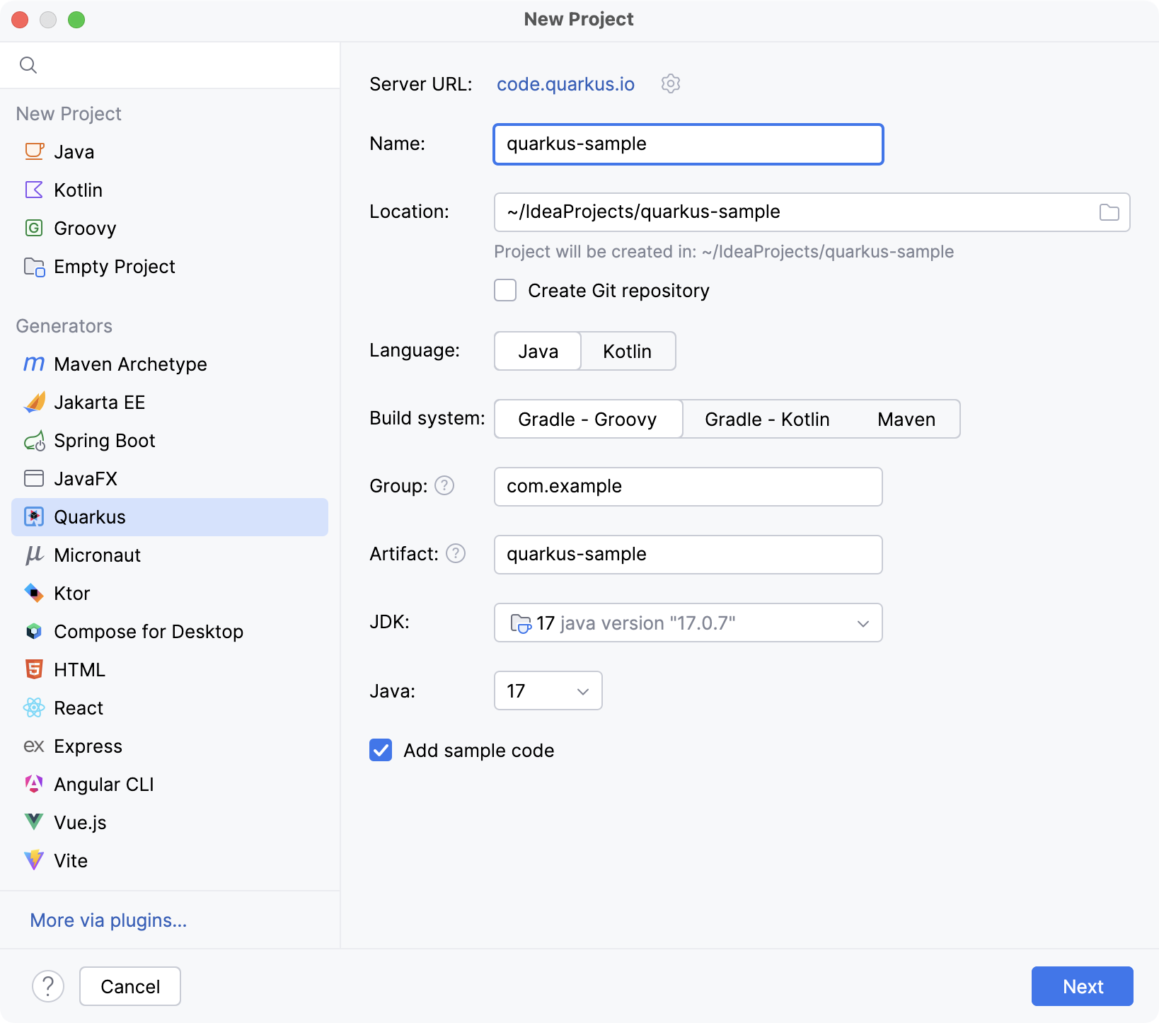 New Quarkus project wizard New Quarkus project wizard