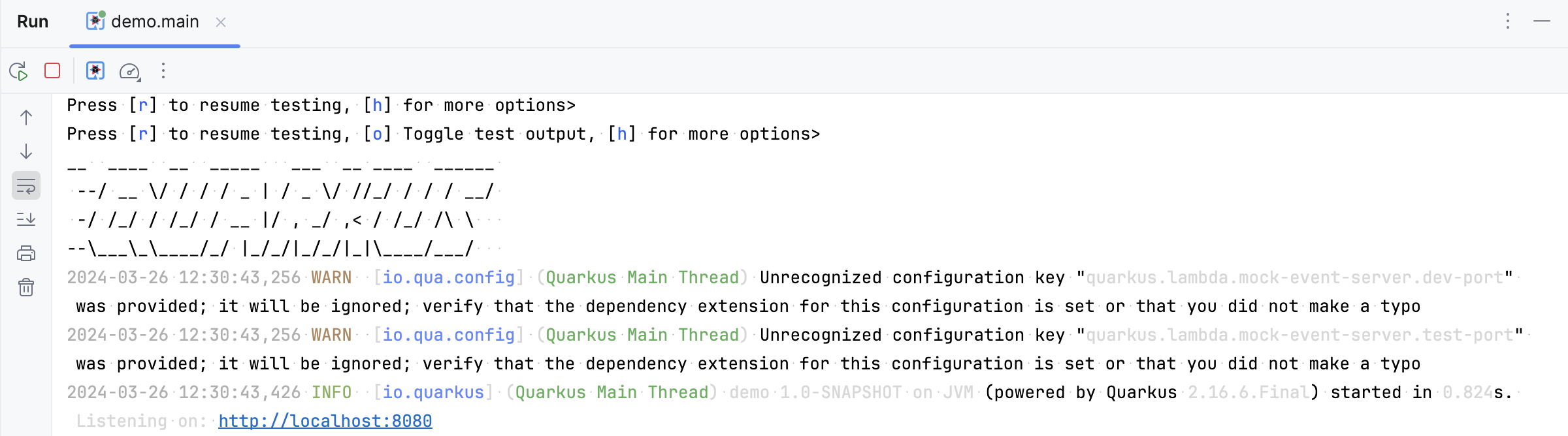 Quarkus application running in the Run tool window Quarkus application running in the Run tool window
