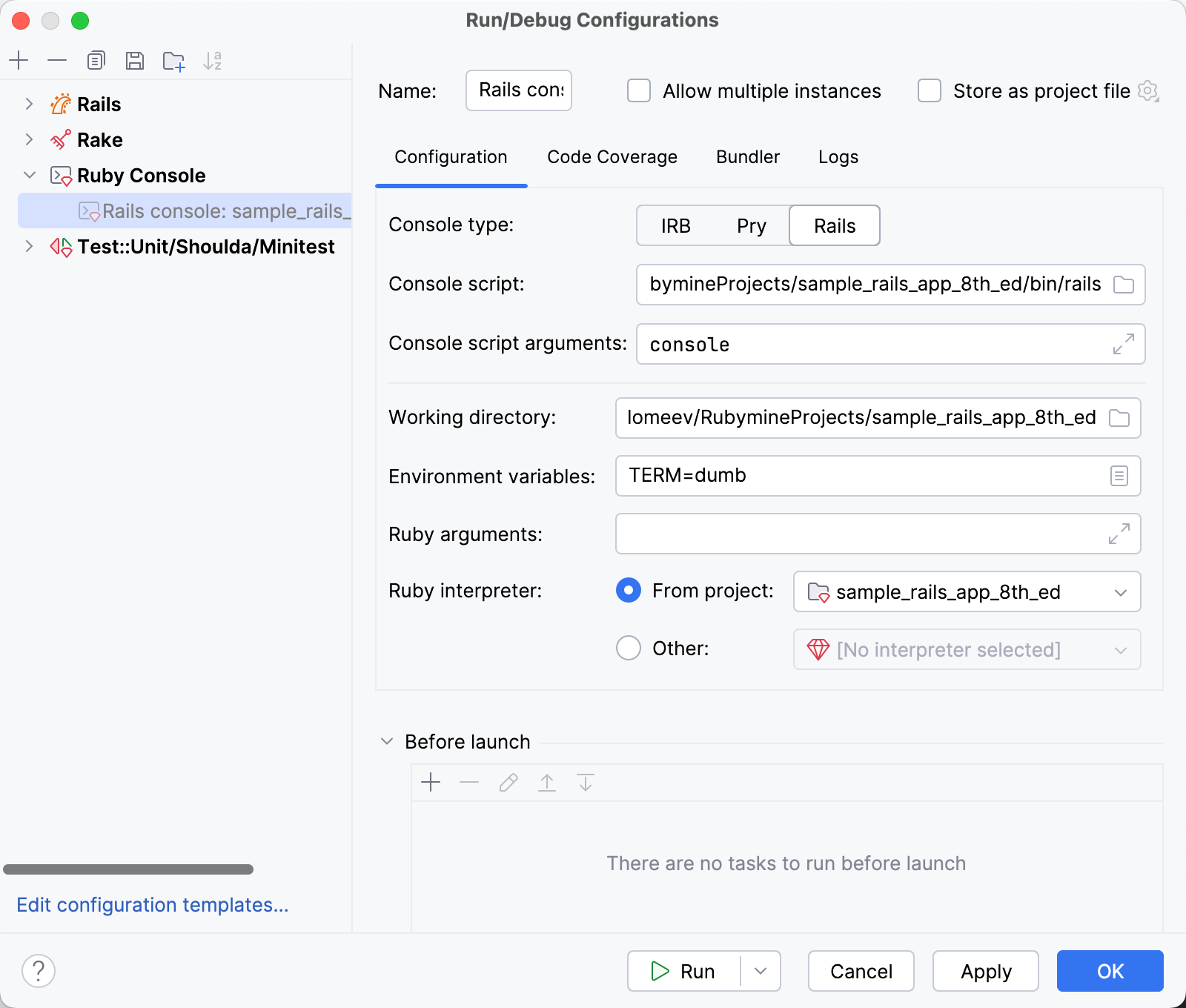 Rails console: Run/Debug configuration Rails console: Run/Debug configuration