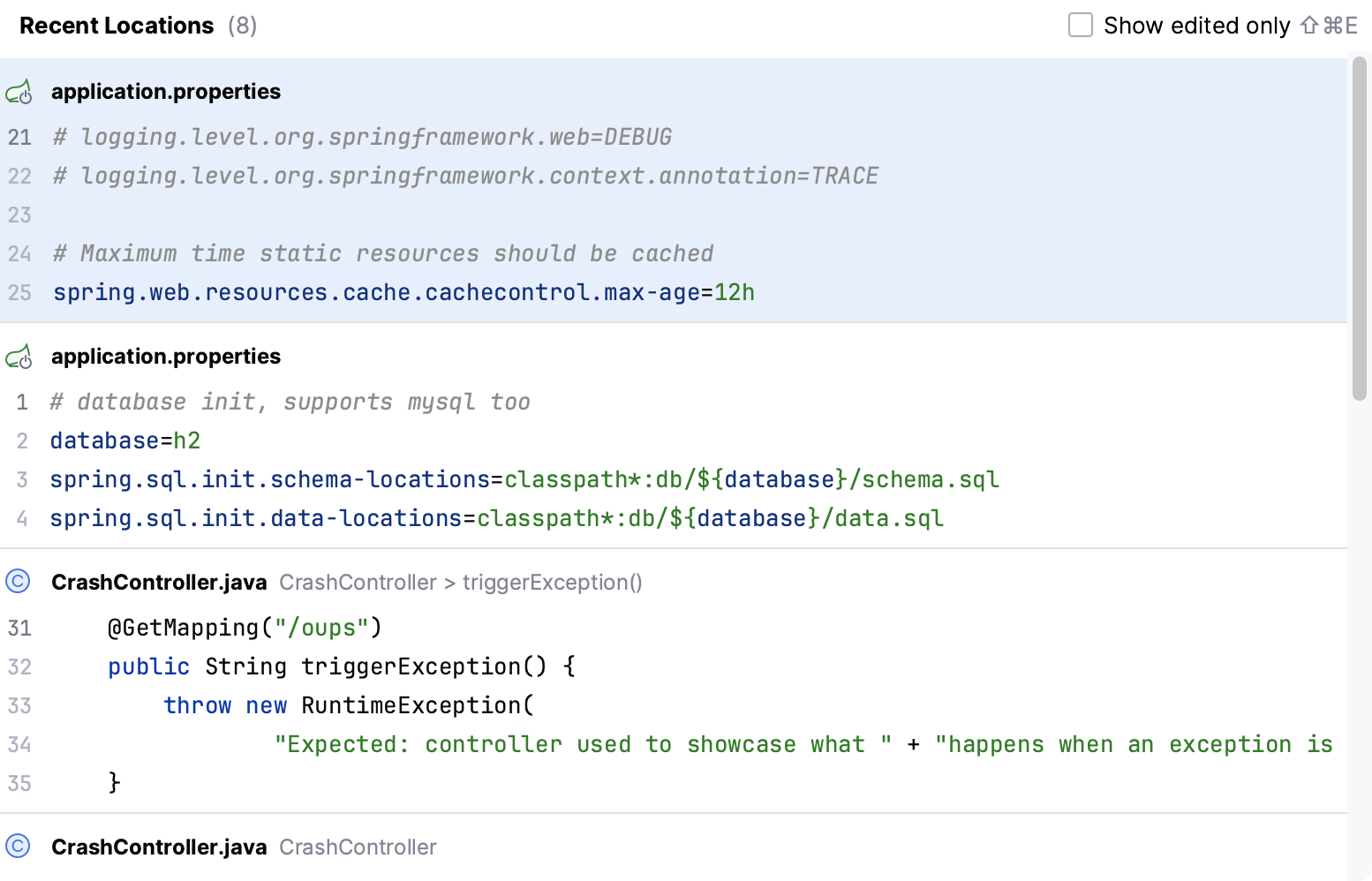 Recent Files popup Recent Files popup