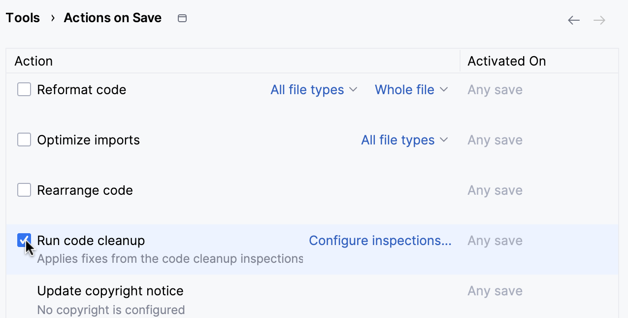 Enable code clean-up on save and configure the inspection Enable code clean-up on save and configure the inspection