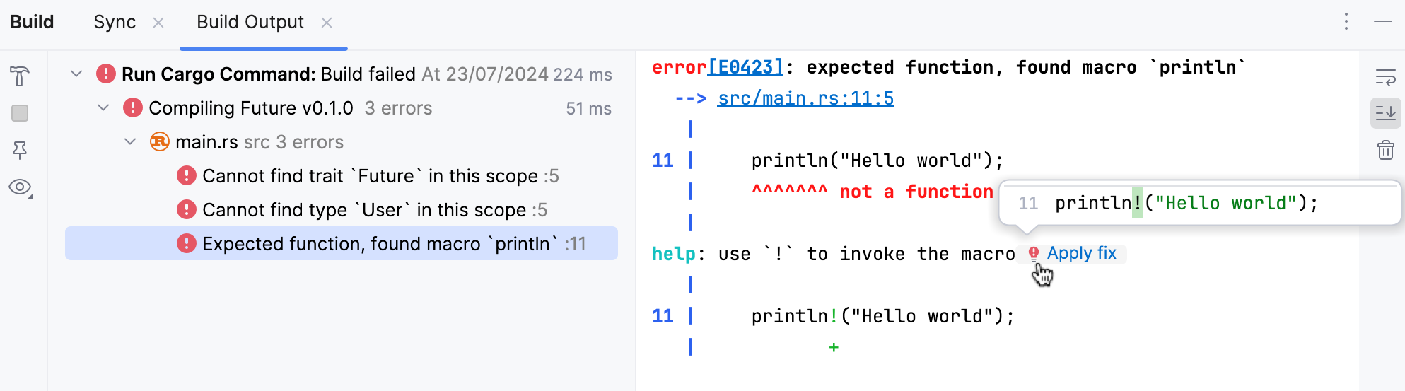 Build output tab with compilation errors and compiler-suggested fixes Build output tab with compilation errors and compiler-suggested fixes