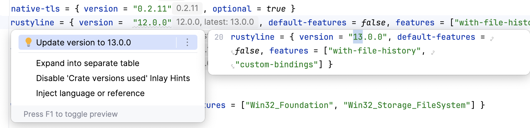 Applying a quick-fix in Cargo.toml Applying a quick-fix in Cargo.toml