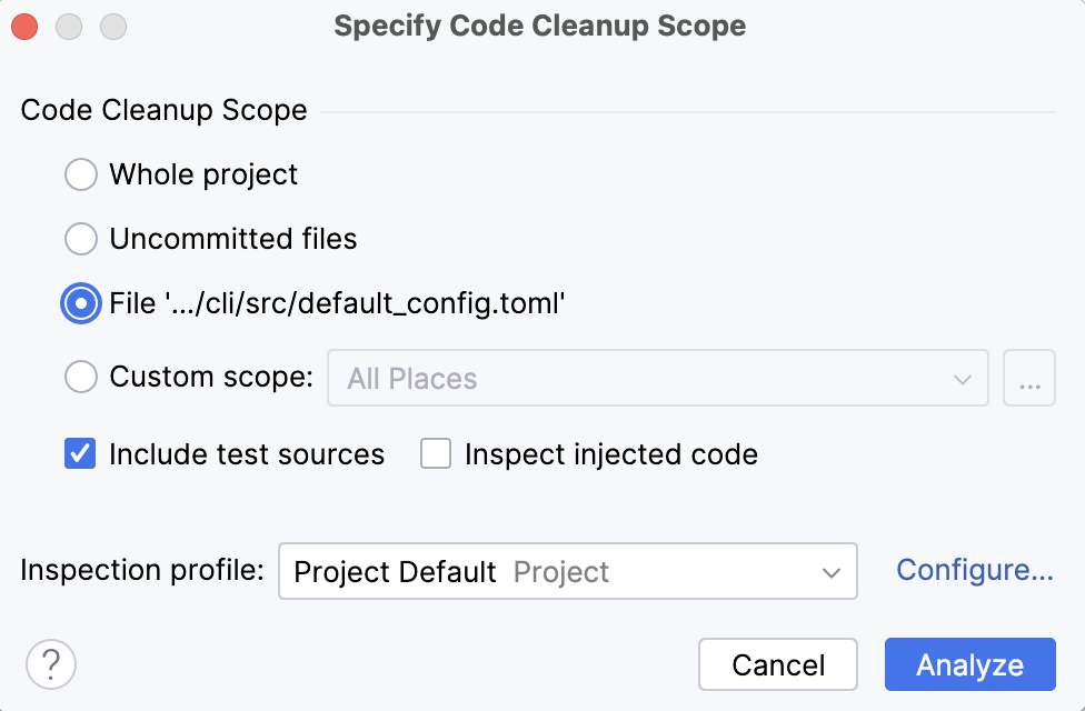 the Specify Code Cleanup Scope dialog the Specify Code Cleanup Scope dialog