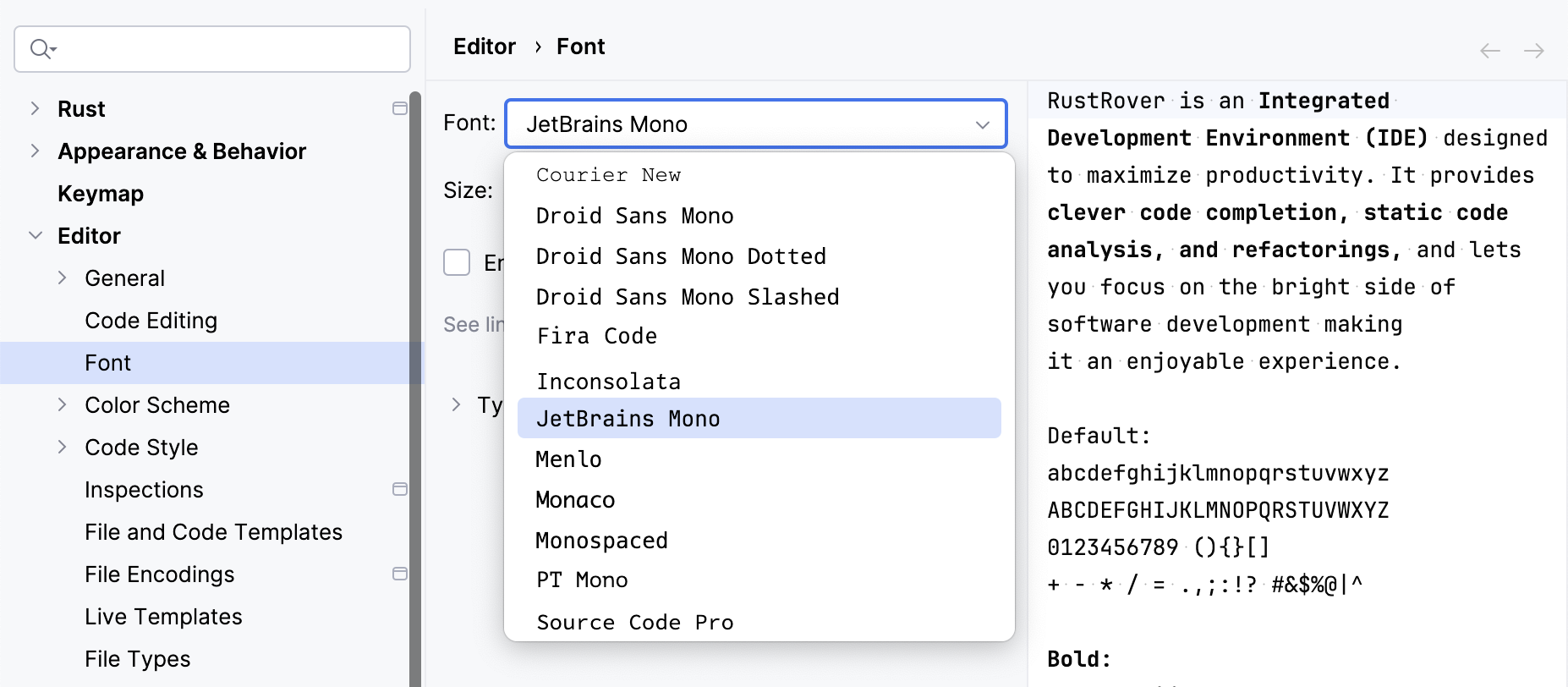 The Font settings page