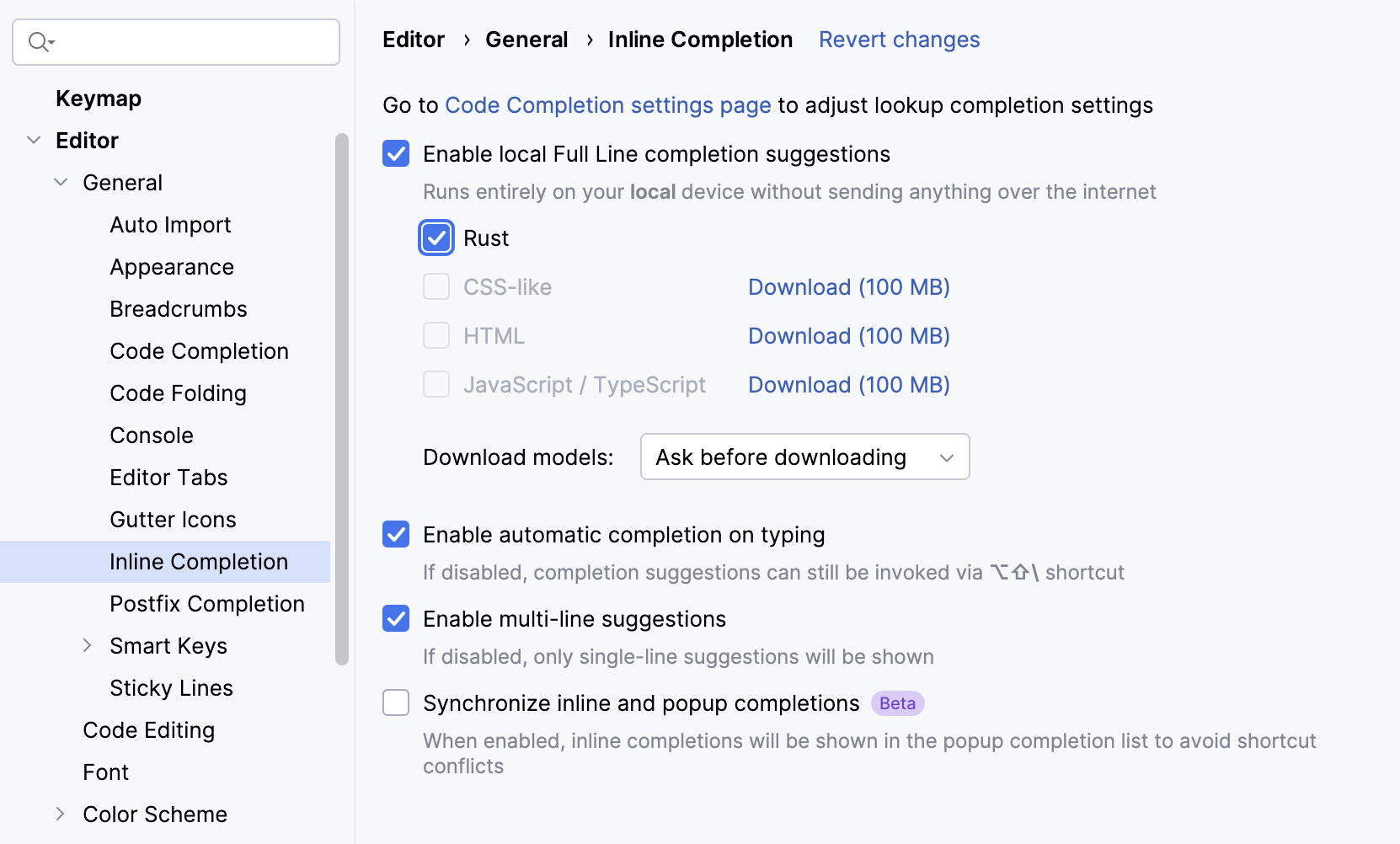 Enabling full line code completion Enabling full line code completion