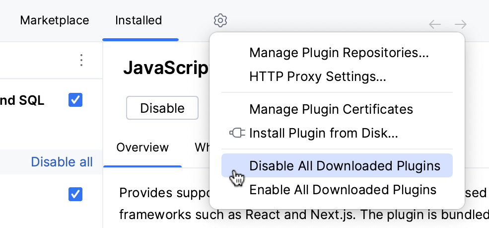 Disable all downloaded plugins Disable all downloaded plugins