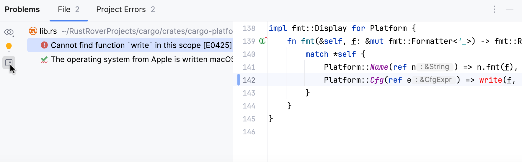 Detected problems previewed in the Problems tool window Detected problems previewed in the Problems tool window