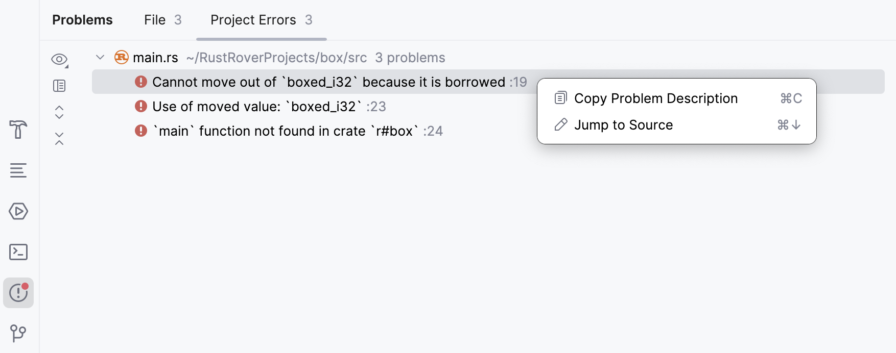 Project Errors tab Project Errors tab