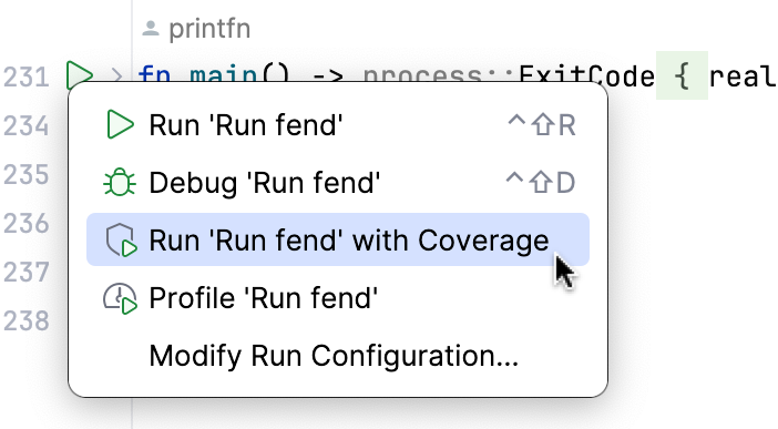 A popup appears on clicking the gutter Run icon A popup appears on clicking the gutter Run icon