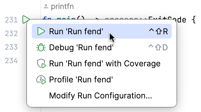 Run from the gutter menu Run from the gutter menu