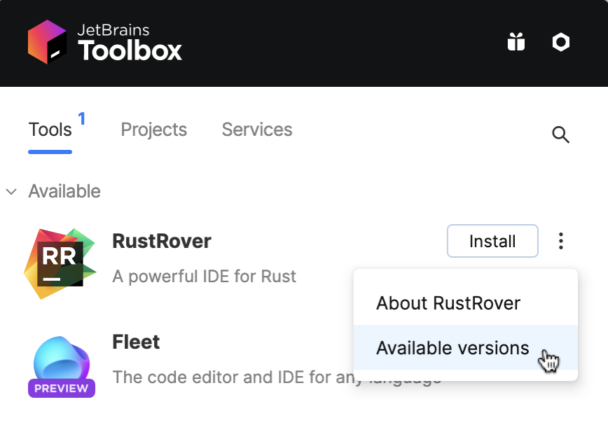 RustRover in the Toolbox App RustRover in the Toolbox App