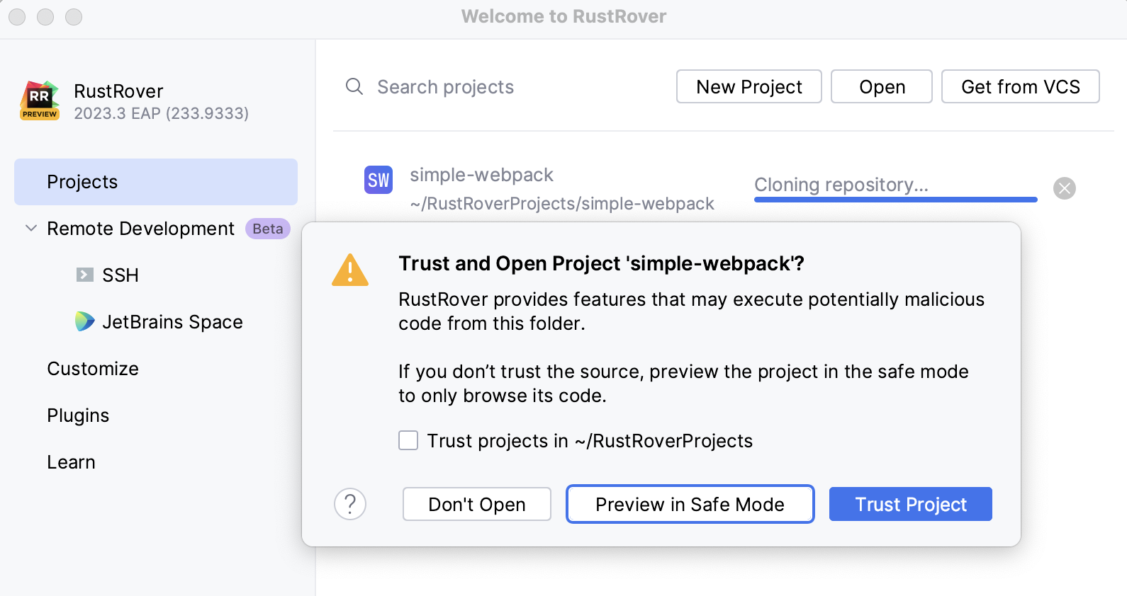 Untrusted project warning Untrusted project warning