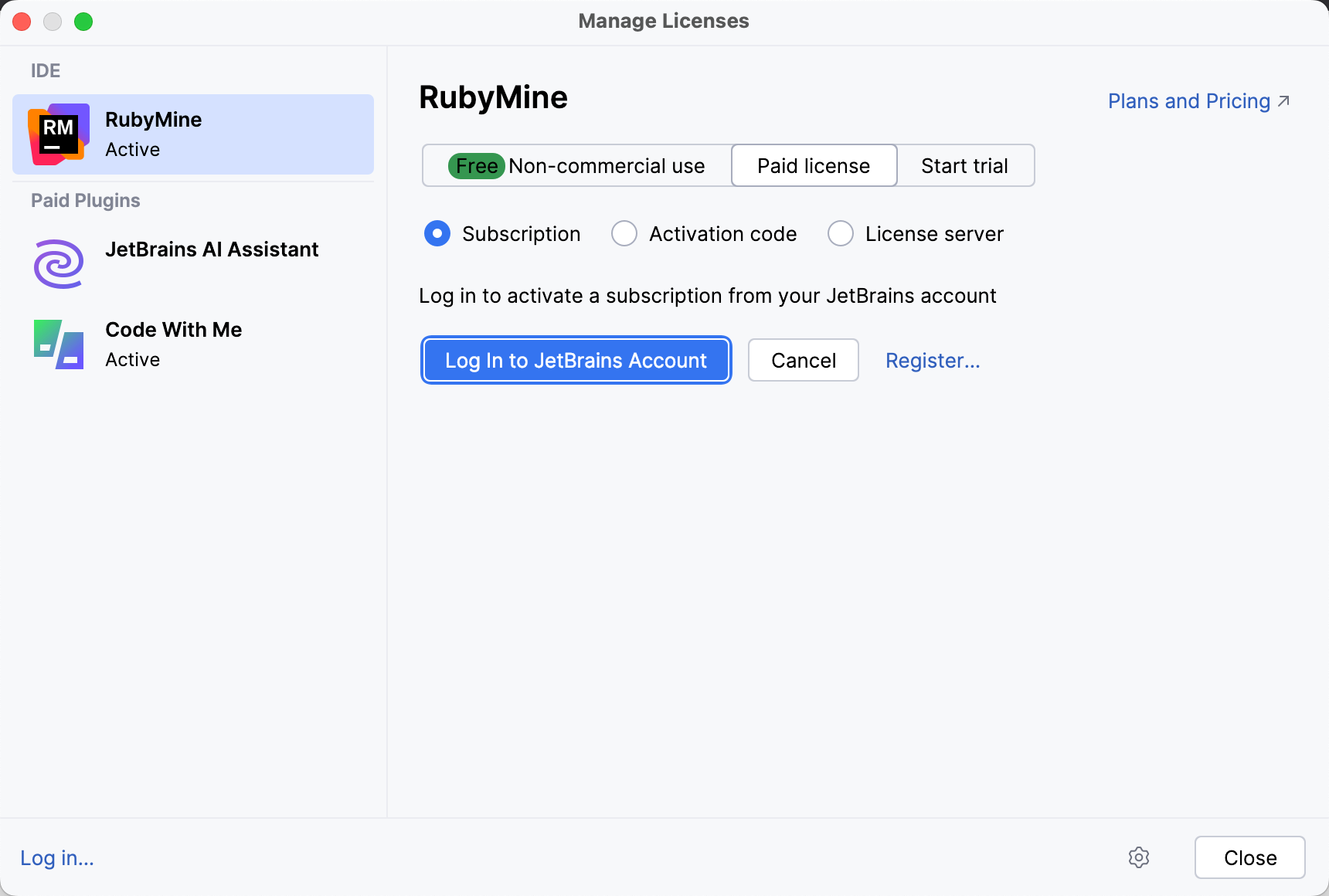 Activate RubyMine license with a JB Account