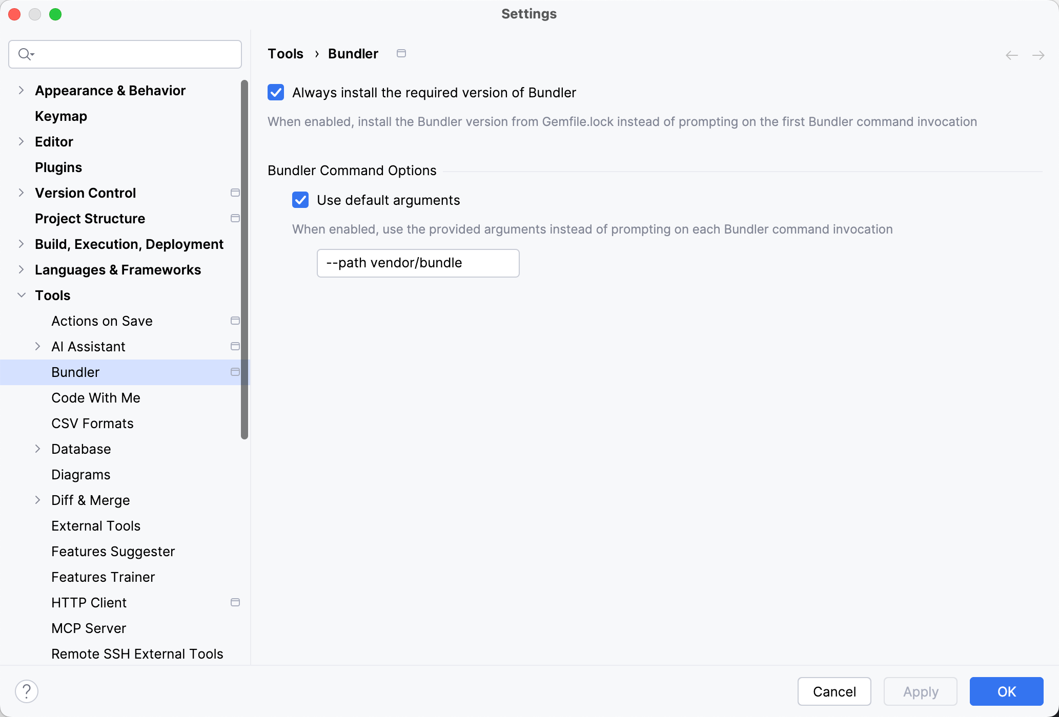 Bundler settings menu Bundler settings menu