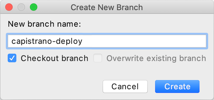 Create New Branch dialog Create New Branch dialog