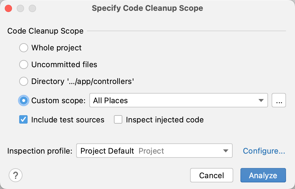 the Specify Code Cleanup Scope dialog the Specify Code Cleanup Scope dialog