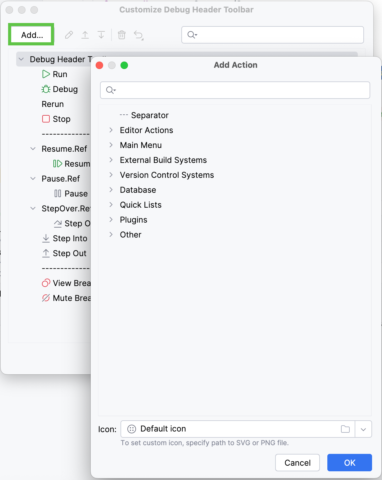 Customize Debugger Toolbar — Add Action dialog Customize Debugger Toolbar — Add Action dialog