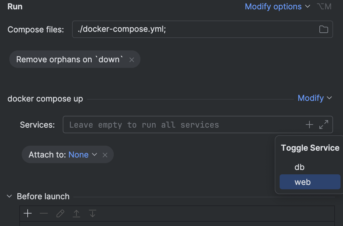 Docker compose run configuration | RubyMine Documentation