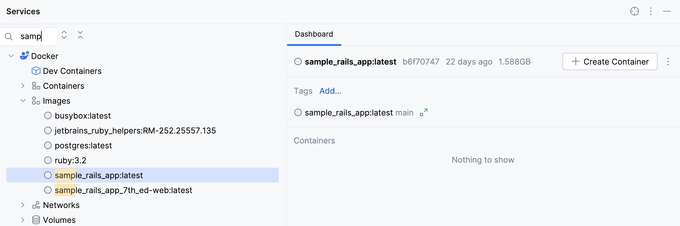 Search for a docker image in the Services tool window Search for a docker image in the Services tool window