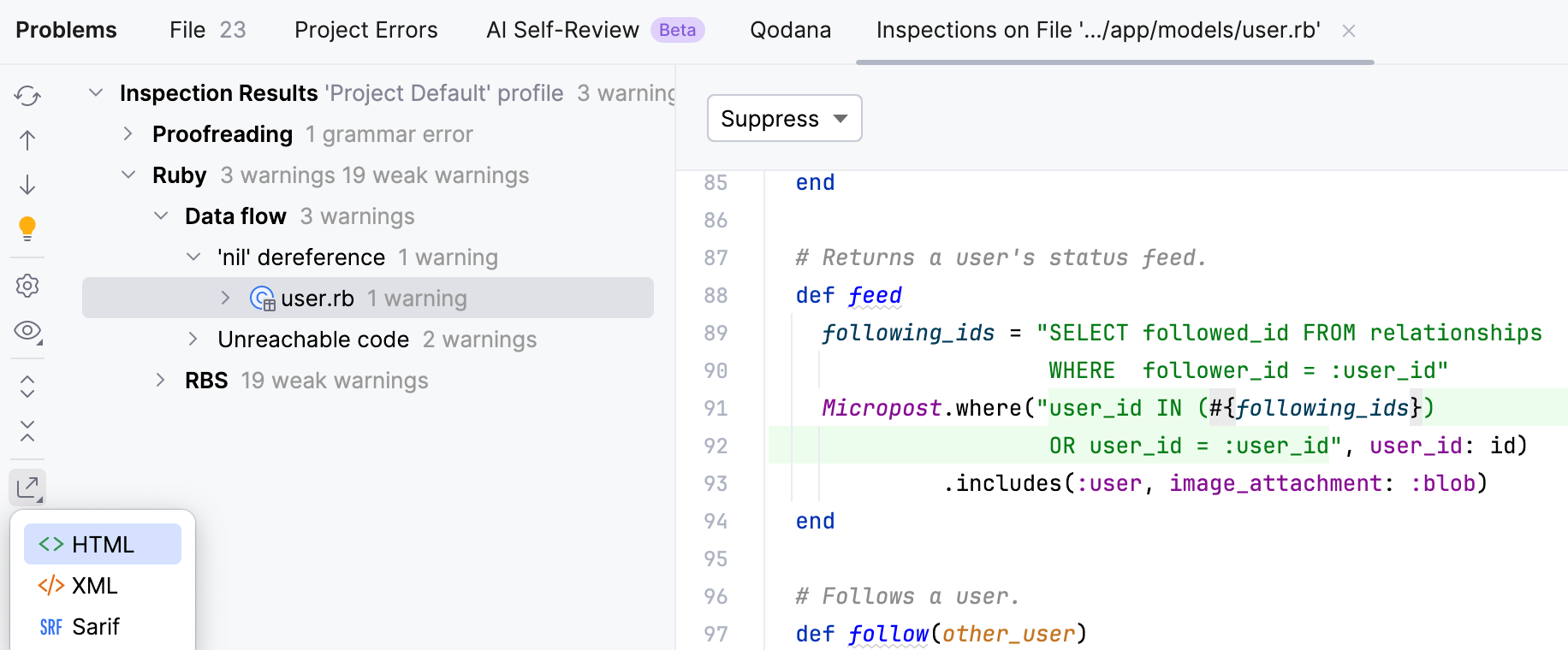 The Export button in the Inspection Results tool window The Export button in the Inspection Results tool window