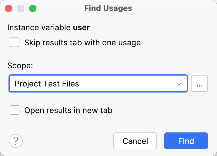 Find Usages dialog (Change Scope) Find Usages dialog (Change Scope)