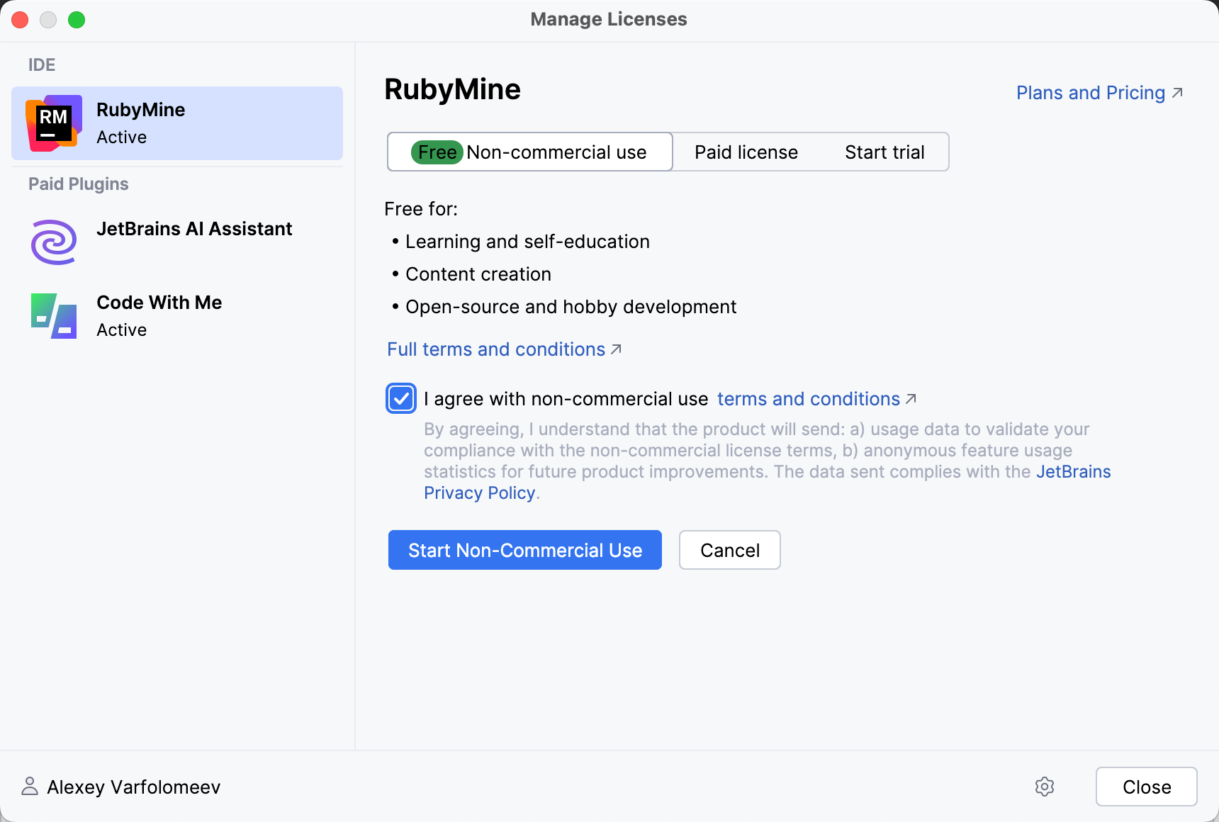 RubyMine: The Licenses dialog with the option to activate a free license