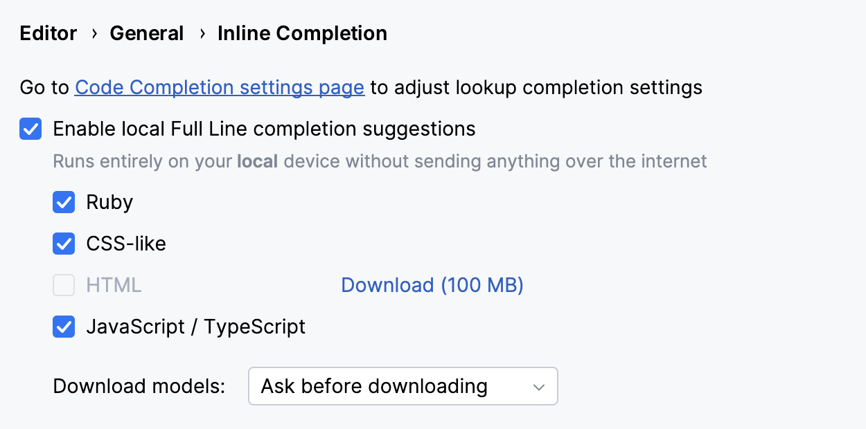 Enabling full line code completion Enabling full line code completion