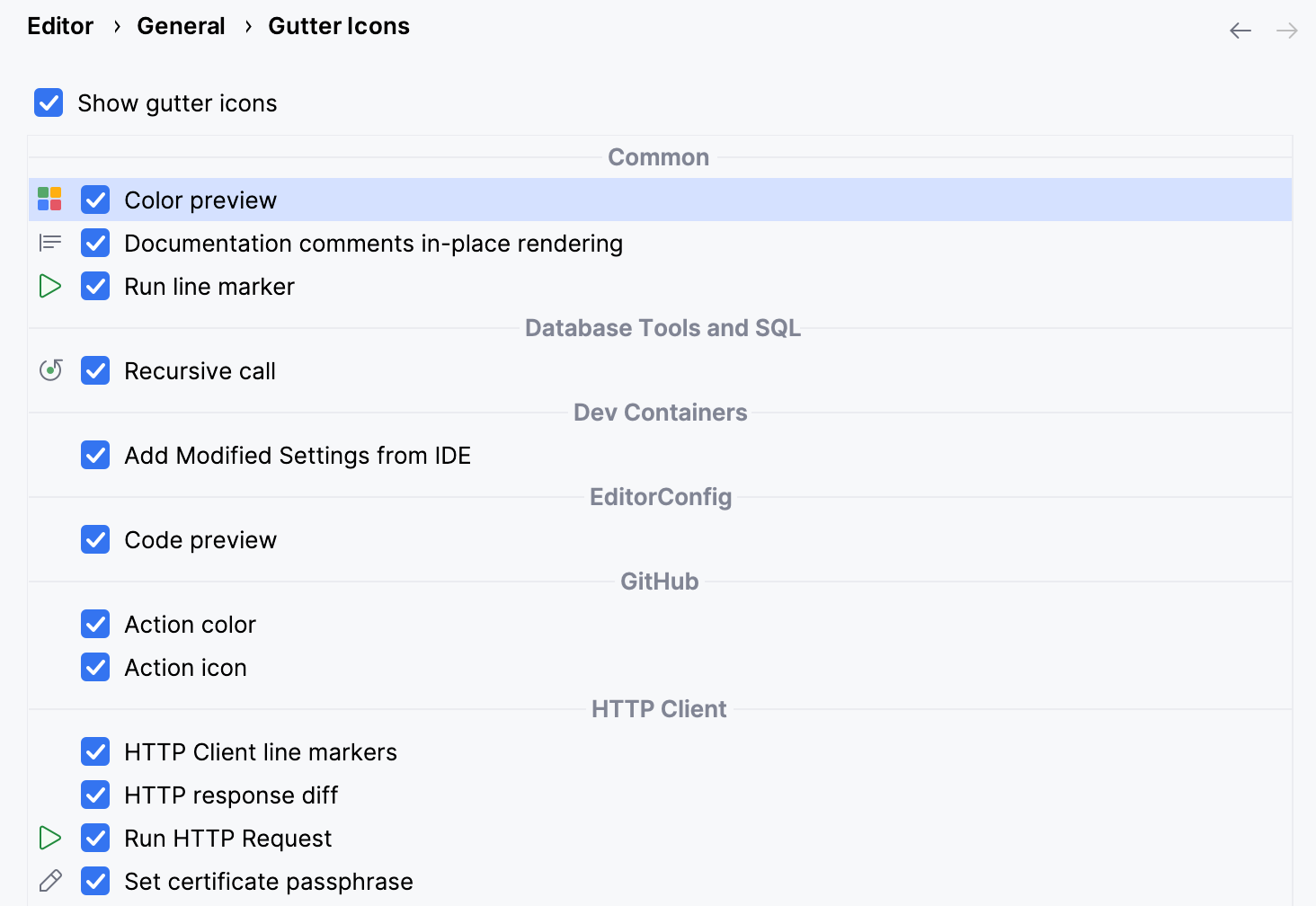 Gutter icons settings in the Settings dialog Gutter icons settings in the Settings dialog