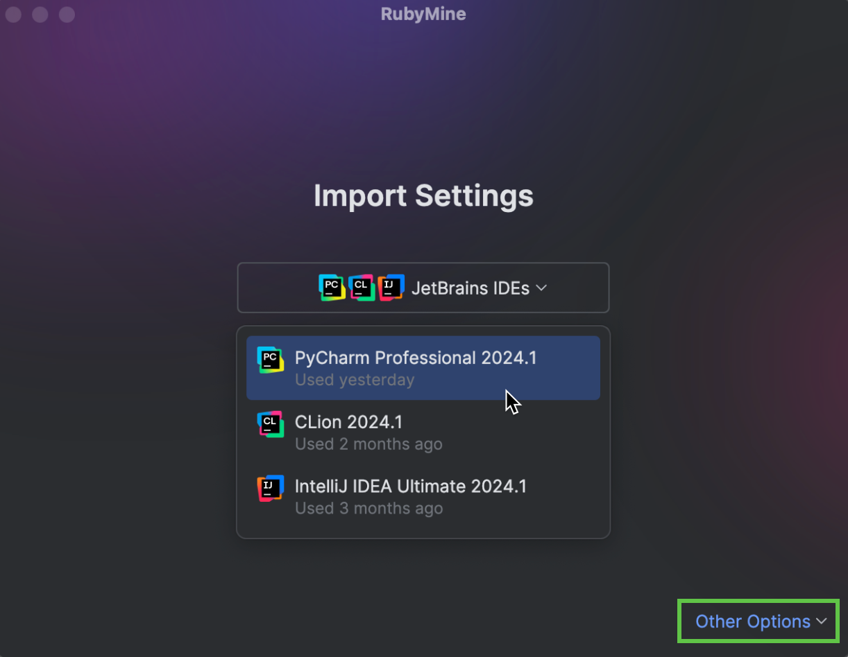 The Import Settings dialog with the opened drop-down list The Import Settings dialog with the opened drop-down list
