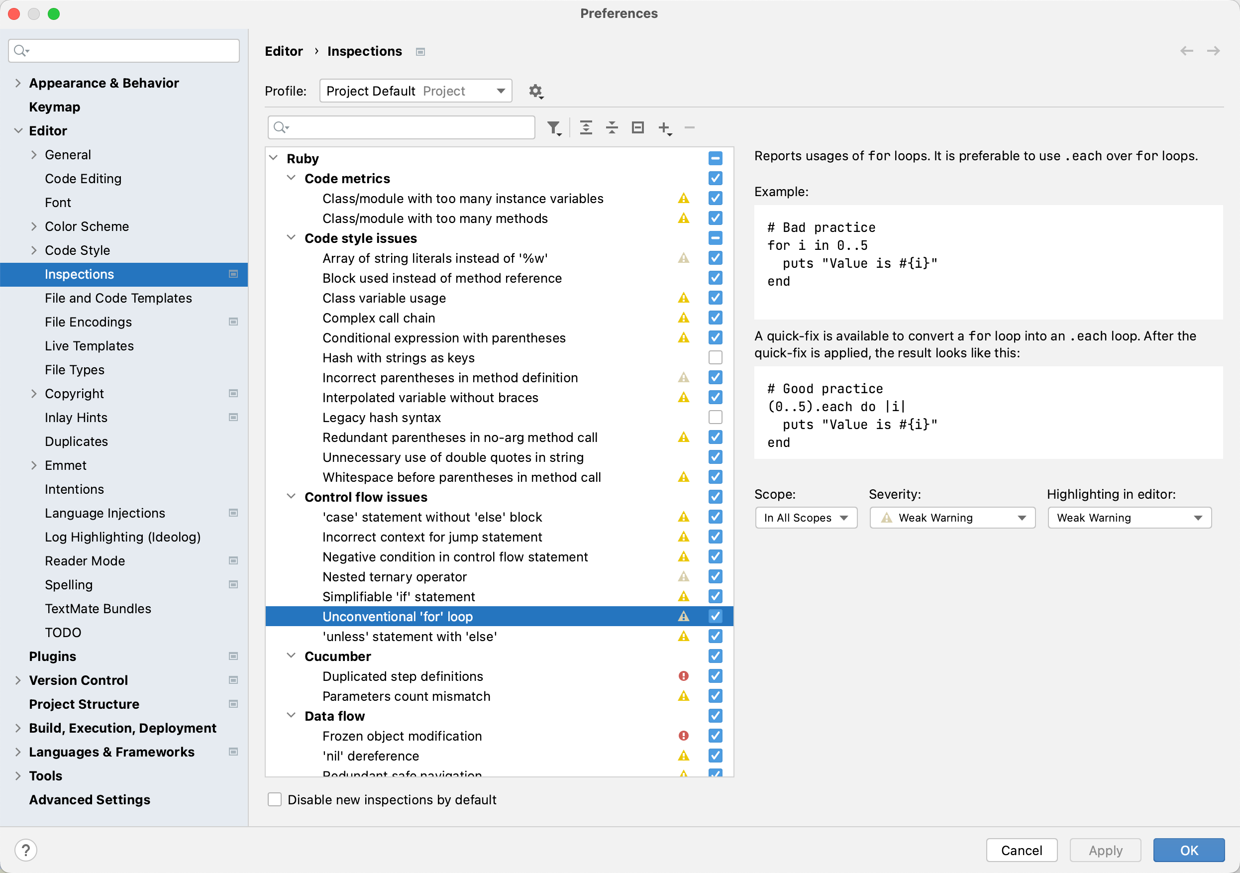 The list of inspections and their settings The list of inspections and their settings