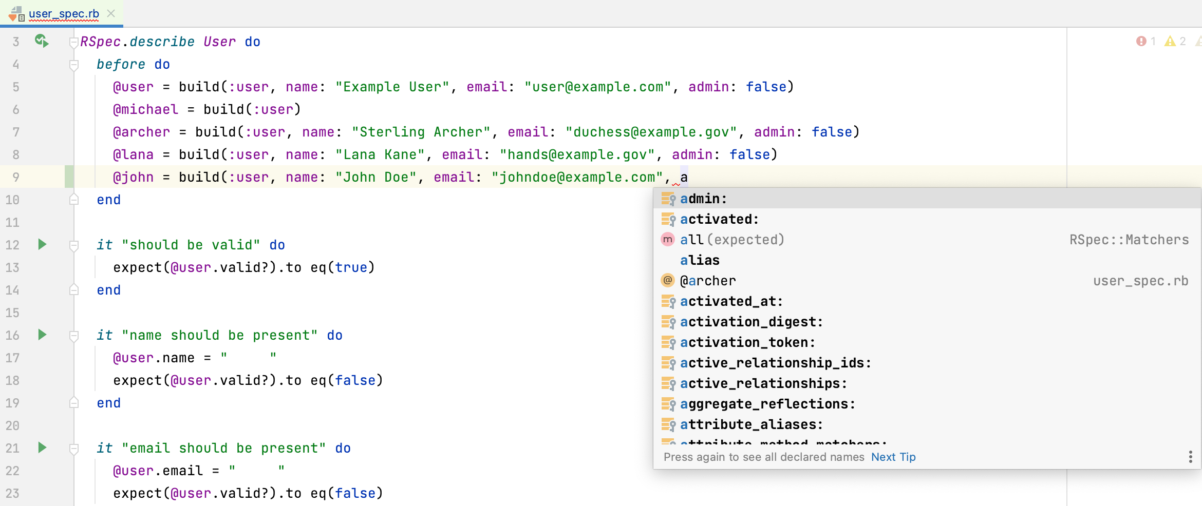 Code completion in RSpec files Code completion in RSpec files