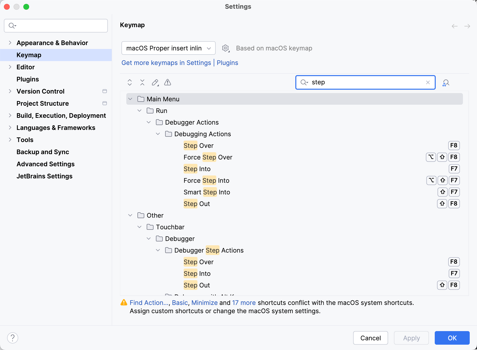 Selected keymap and action in search
