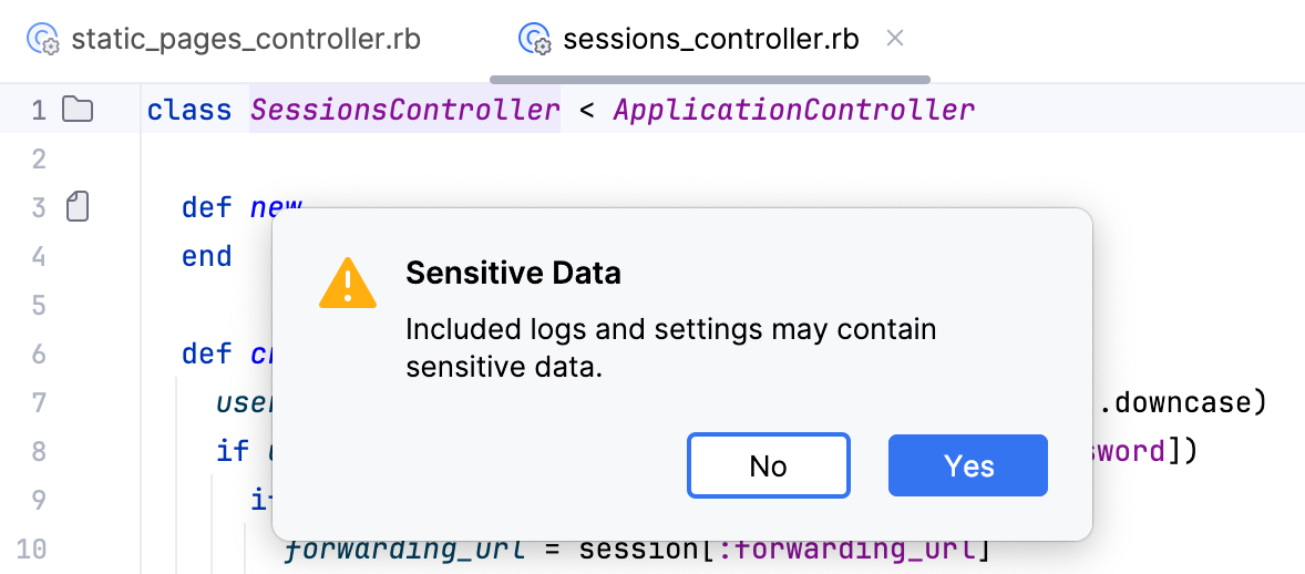 sensitive Data dialog