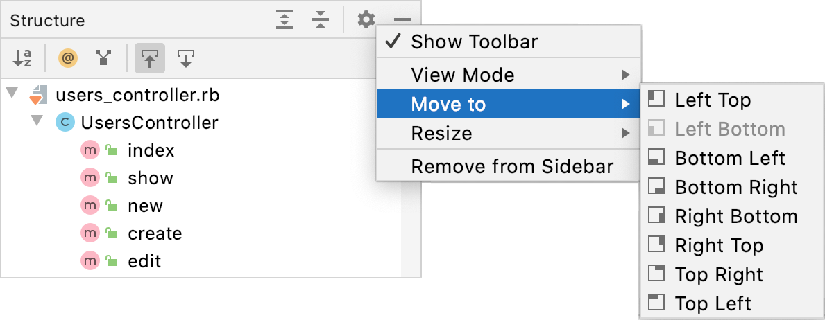 Tool window options menu: Move to Tool window options menu: Move to