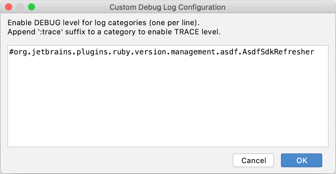 Custom Debug Log Configuration dialog Custom Debug Log Configuration dialog