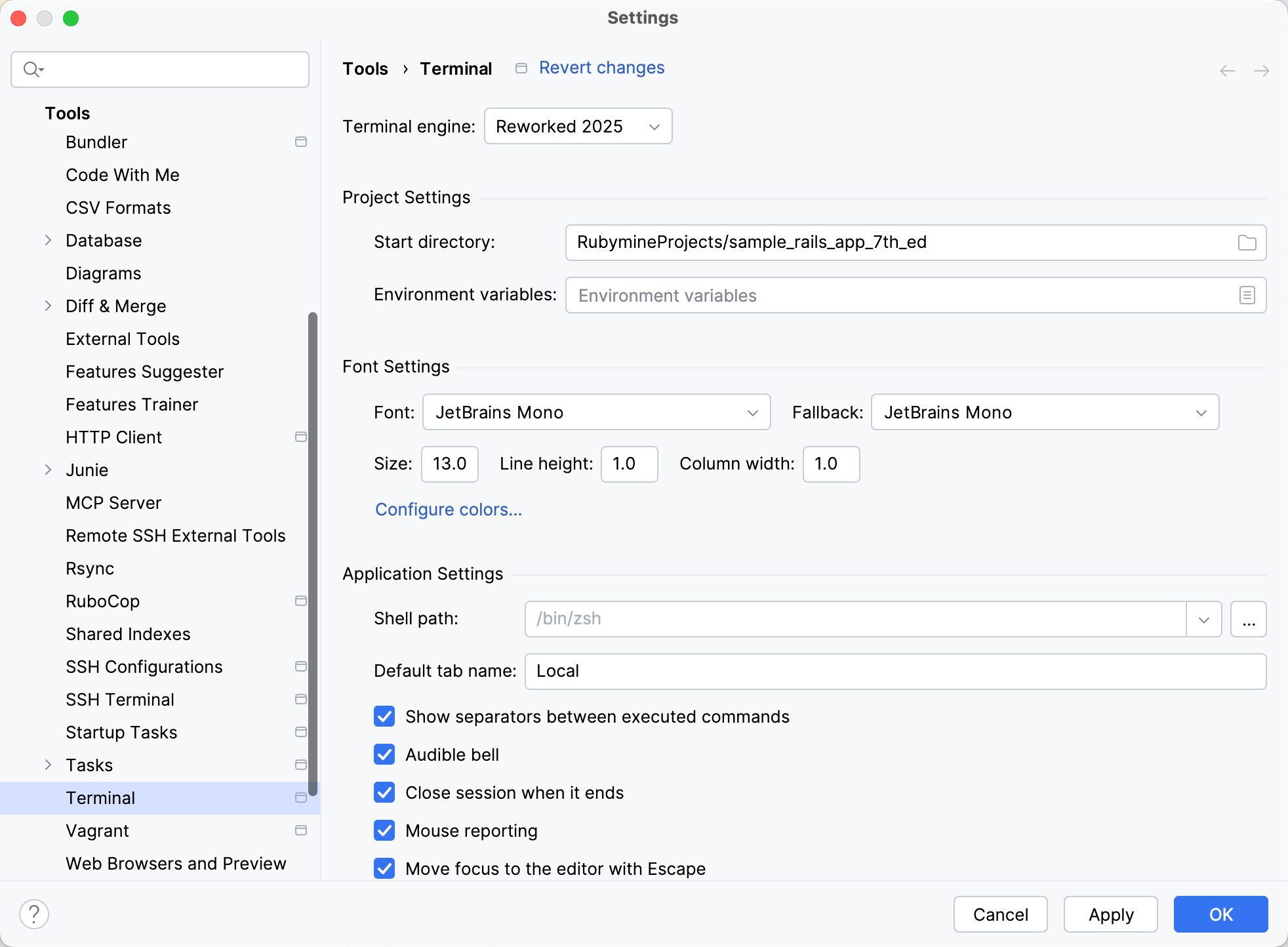 Settings | Tools | Terminal Settings | Tools | Terminal