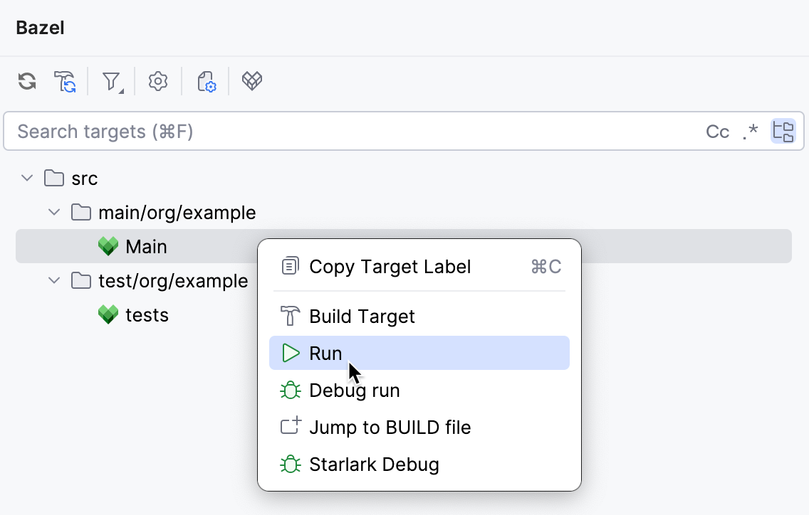 A menu appears on right-clicking the Main target in the Bazel tool window A menu appears on right-clicking the Main target in the Bazel tool window
