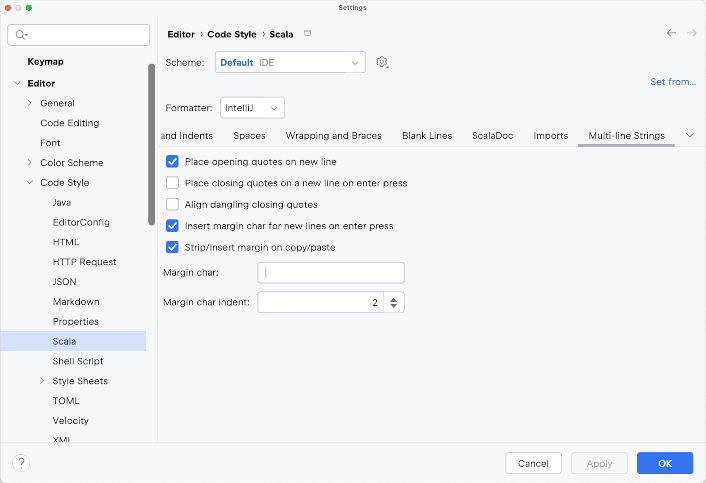 the Multi-line strings settings