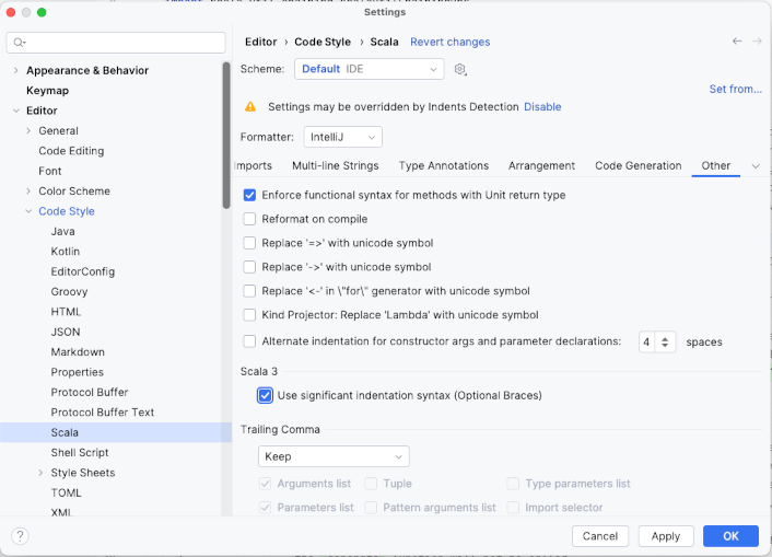 设置中的 Scala 3 显著缩进复选框 设置中的 Scala 3 显著缩进复选框