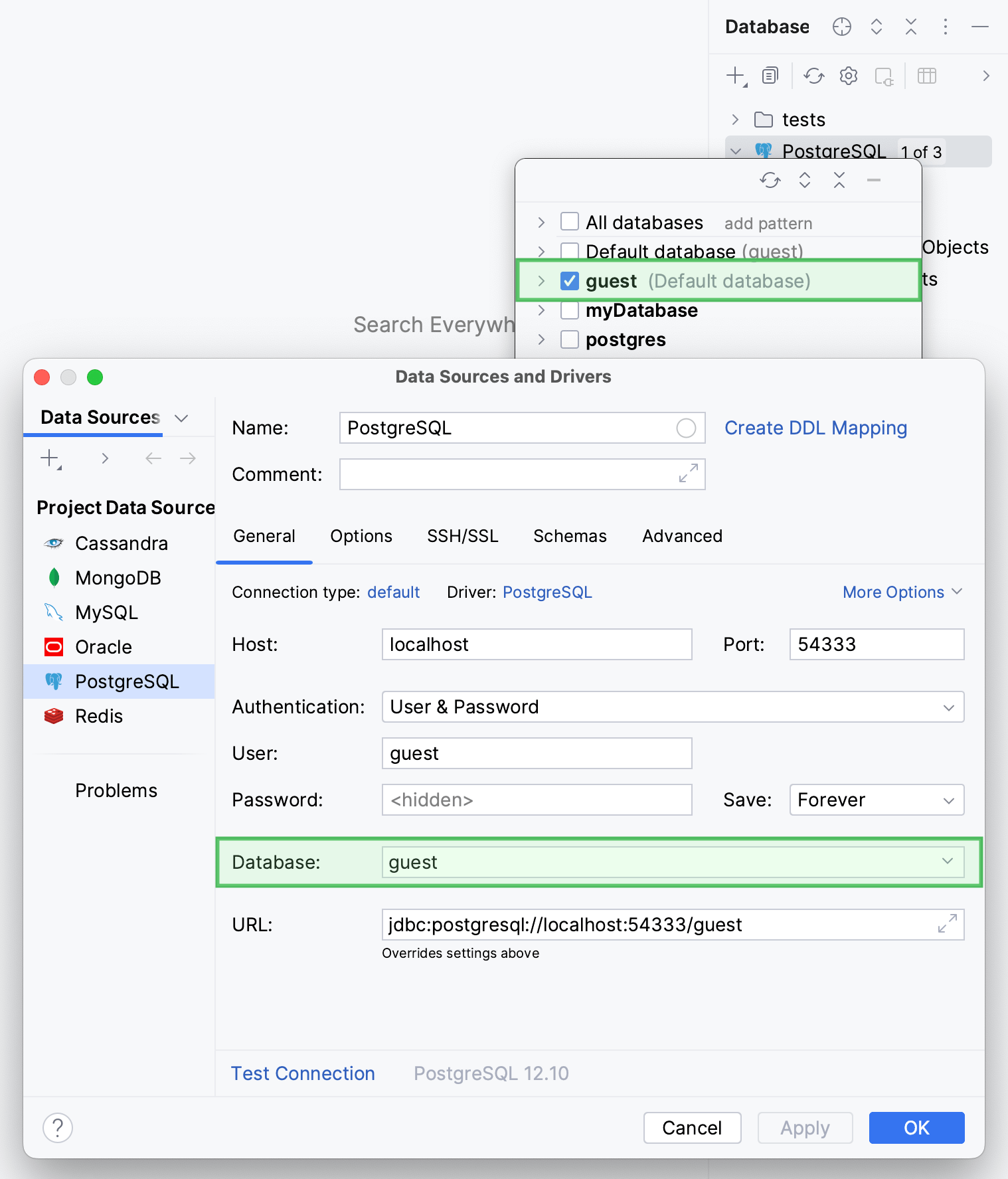 Select the default schema or database Select the default schema or database