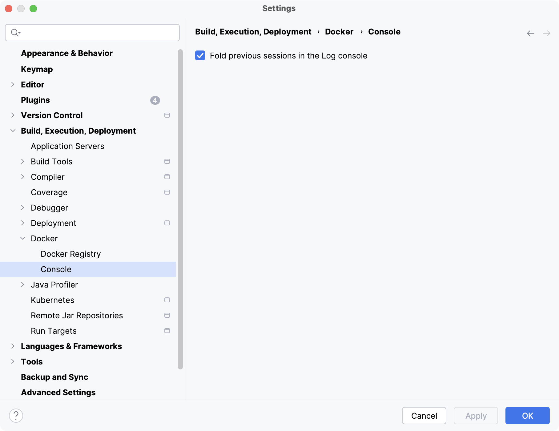 The Docker Console settings page The Docker Console settings page