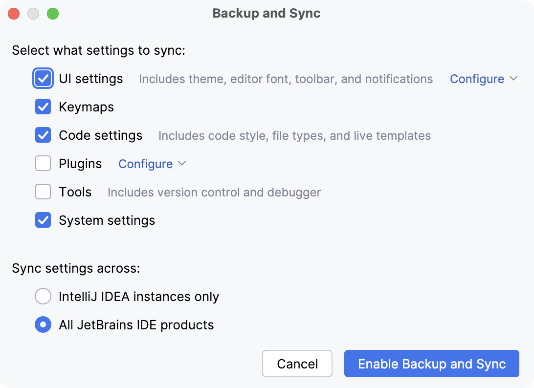 The Settings Sync window The Settings Sync window