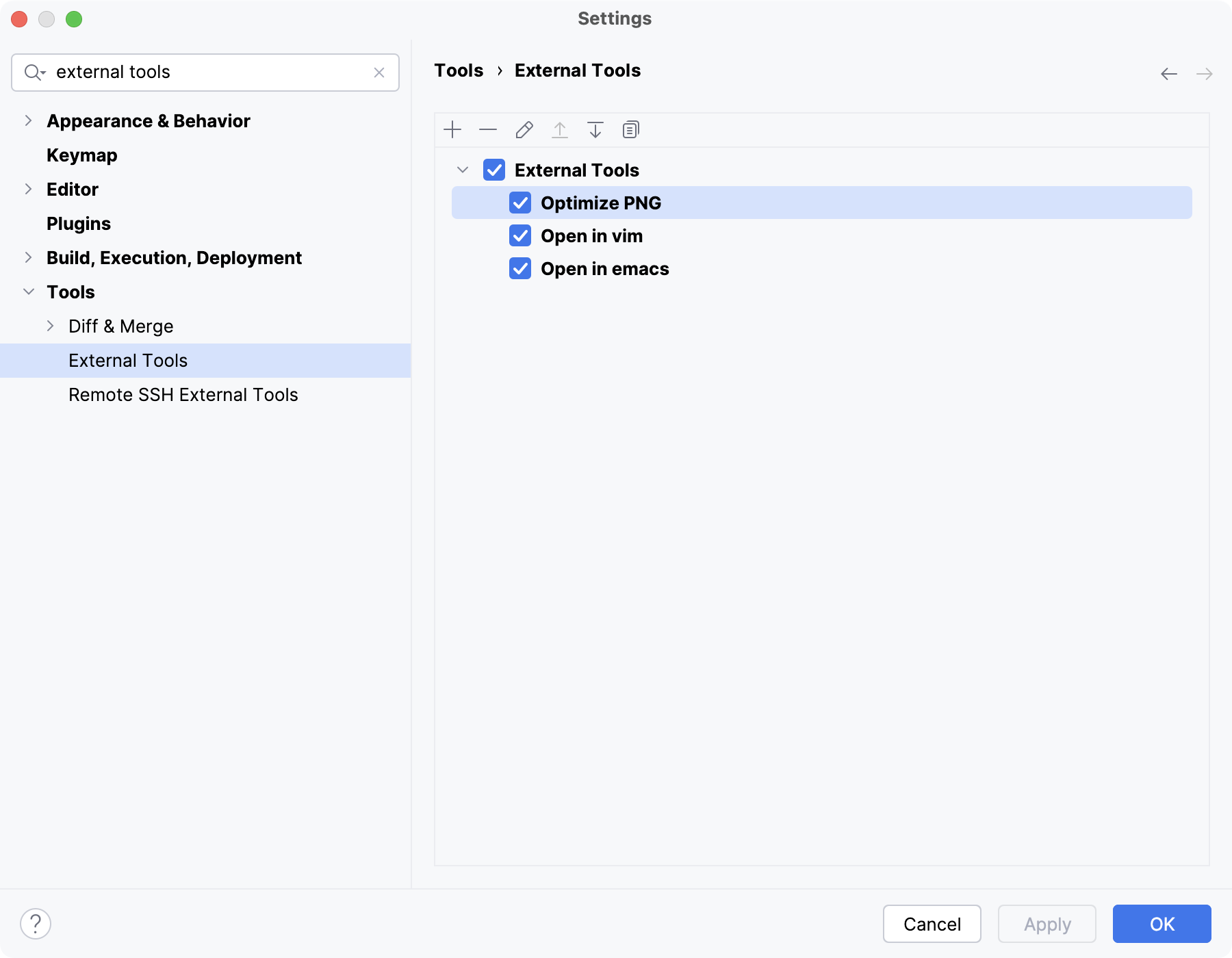 The External Tools settings page