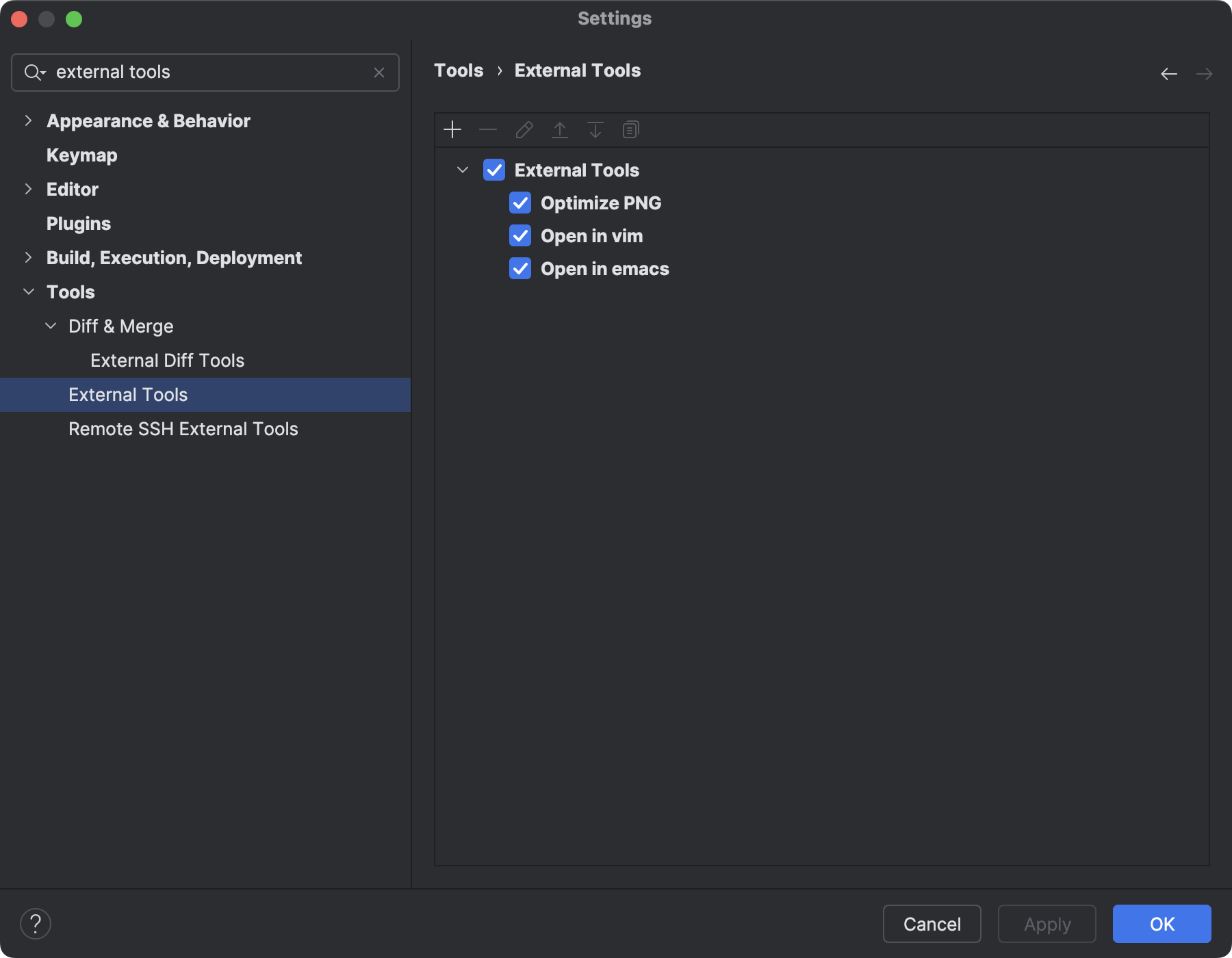 The External Tools settings page