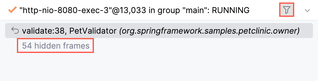 Frames pane with 57 collapsed framework calls and Show All Frames button in the top-right corner Frames pane with 57 collapsed framework calls and Show All Frames button in the top-right corner