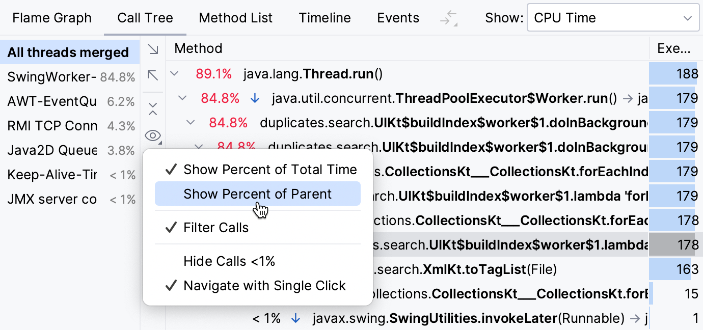 The Show Percent of Total Time/Parent button in the Presentation Settings menu The Show Percent of Total Time/Parent button in the Presentation Settings menu