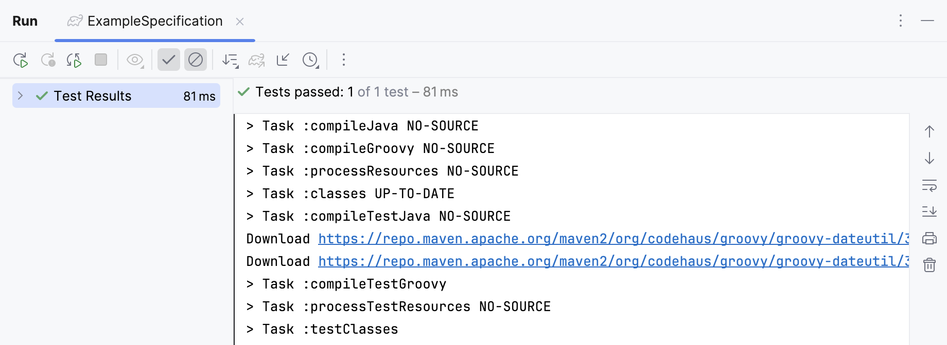 Run tool window / Spock test output Run tool window / Spock test output