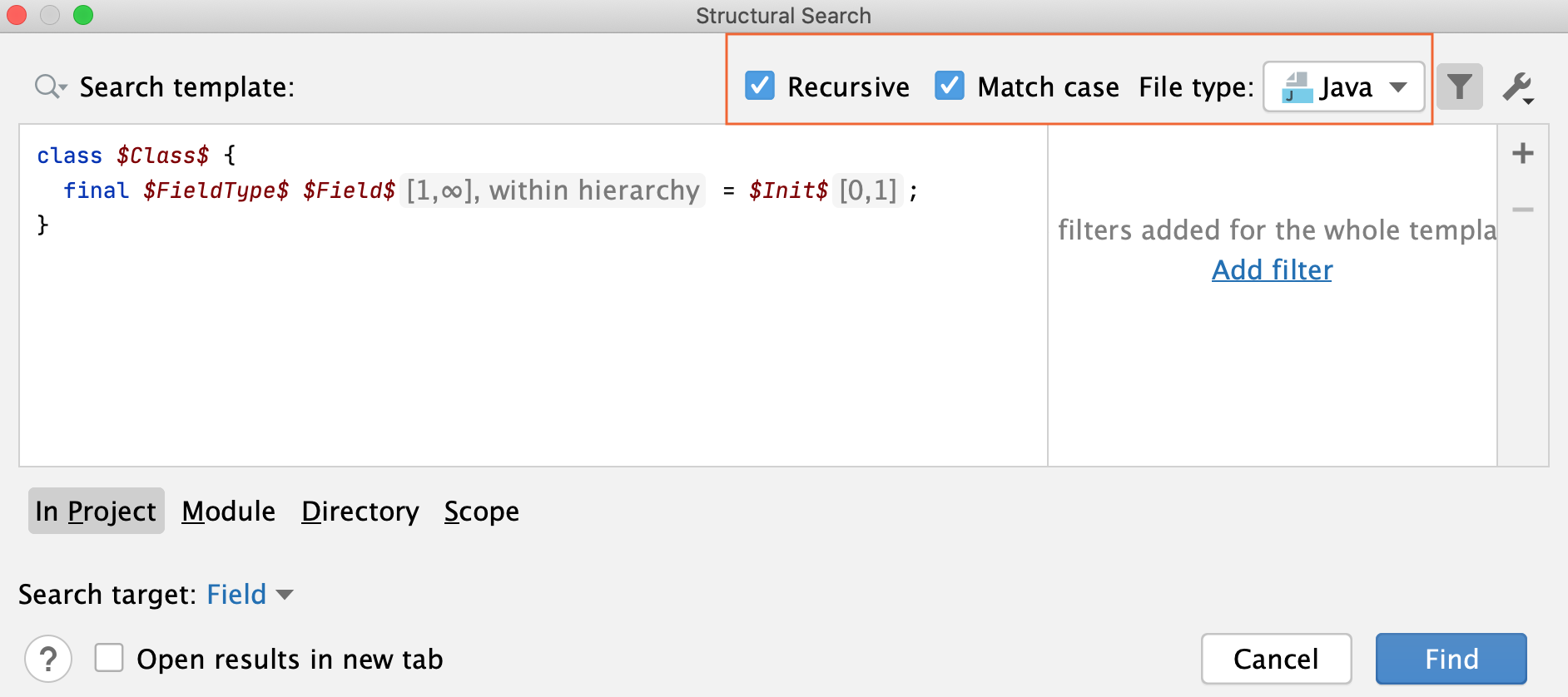 Structural Search dialog: narrow search Structural Search dialog: narrow search